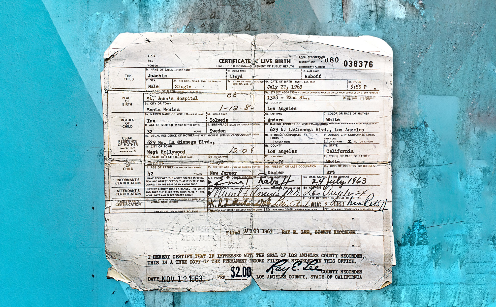 Birth certificate Joakim Lloyd Raboff