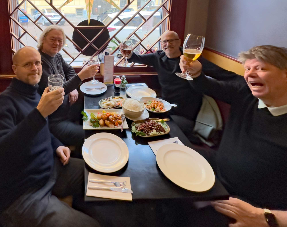Tommy Sahlin, Joakim Eklund, Joakim Lloyd Raboff and Lars Johan Olemyr eating Chinese at Lai Wa in Göteborg