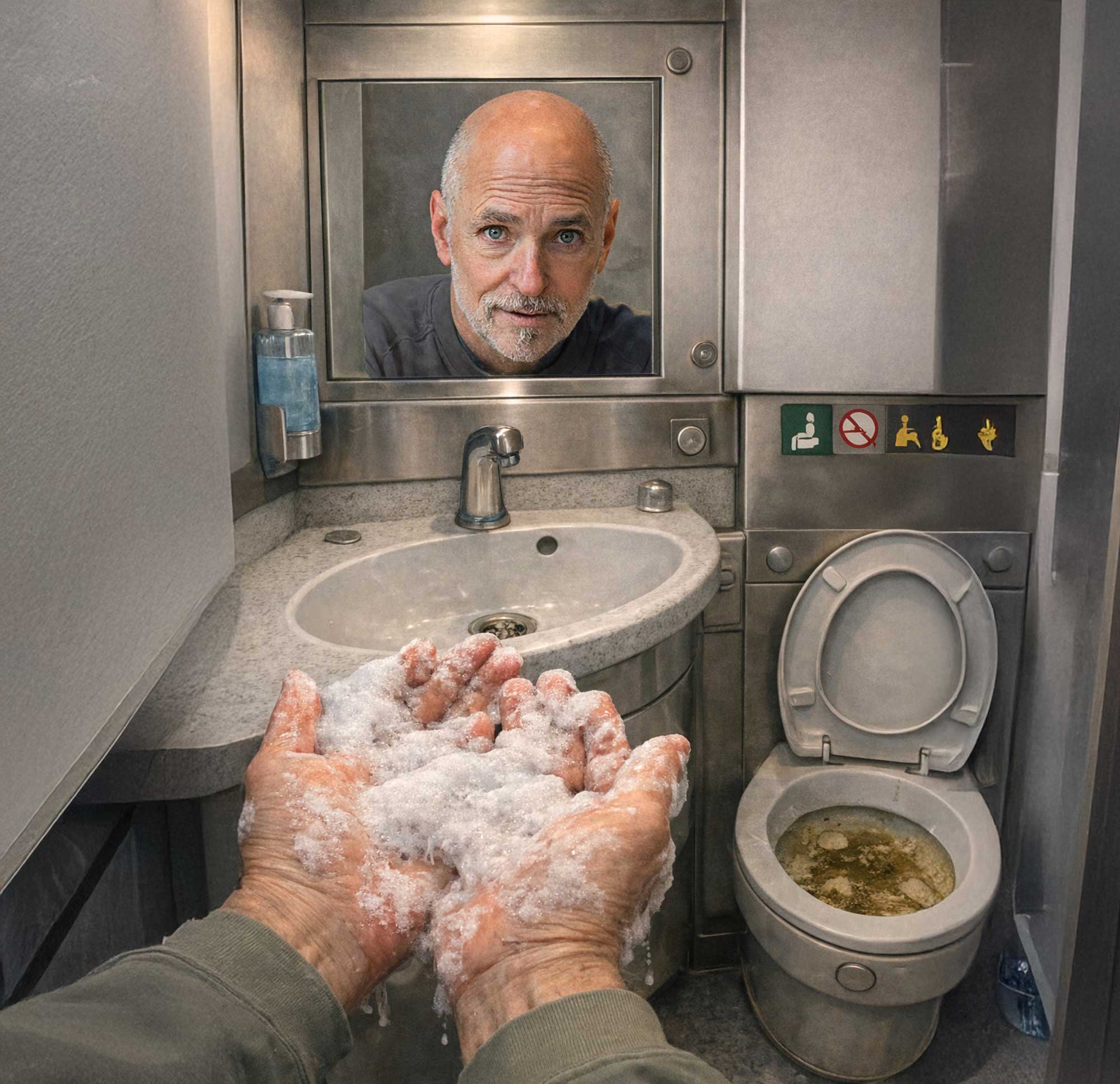 Too much soap with no water to rinse my hands in SJ's train toilet.