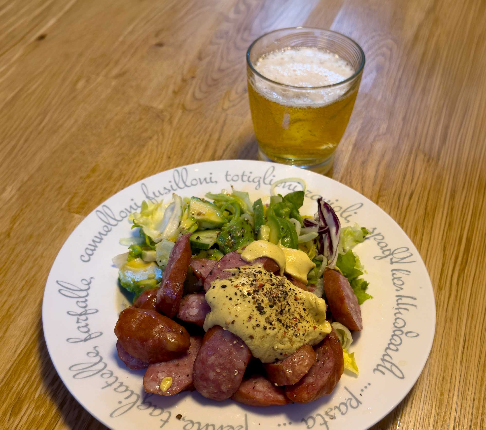 Fried Sausages and salad for dinner